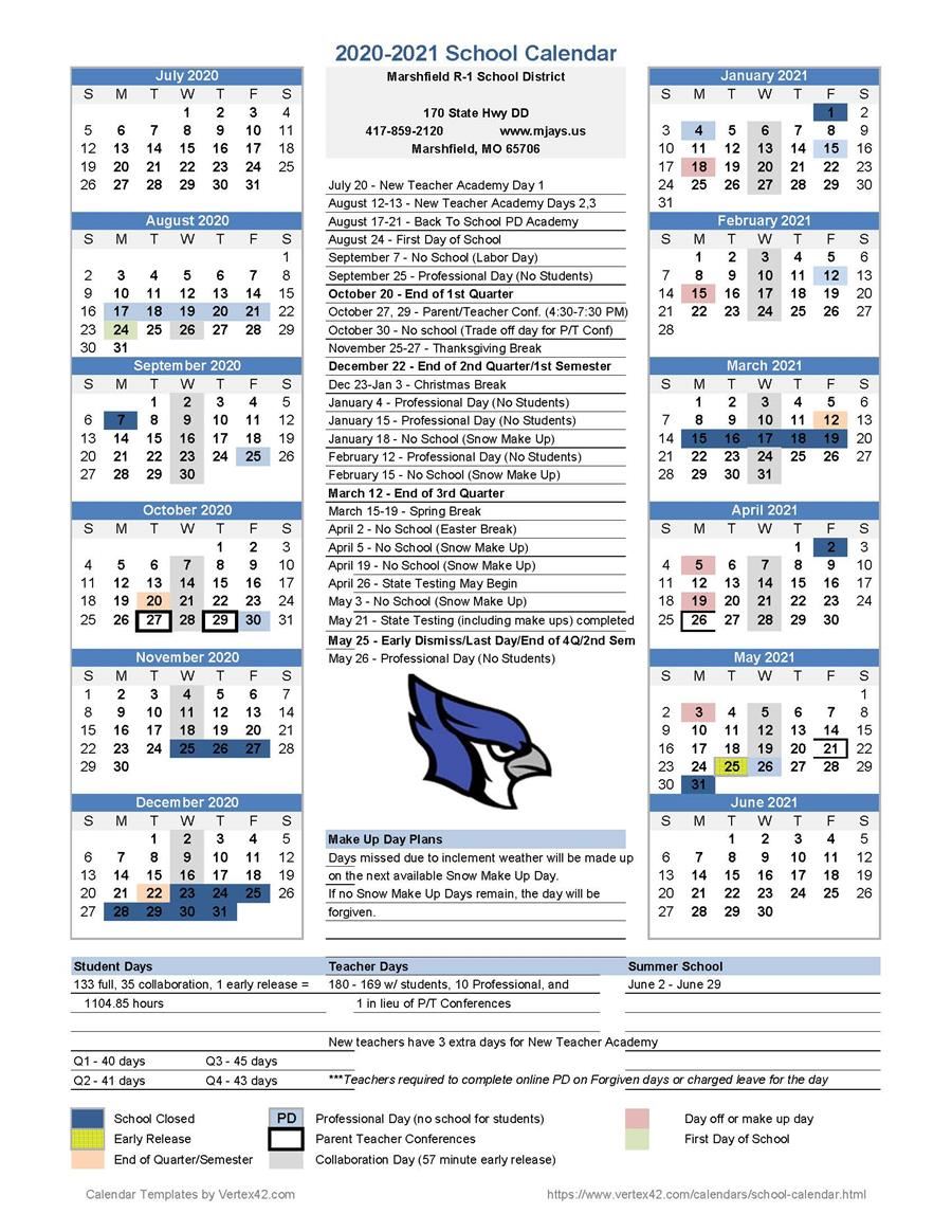 Marshfield School District Calendar 2021 and 2022